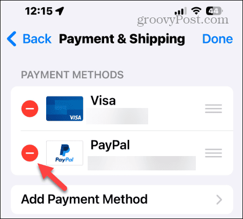 remove payment method on iphone