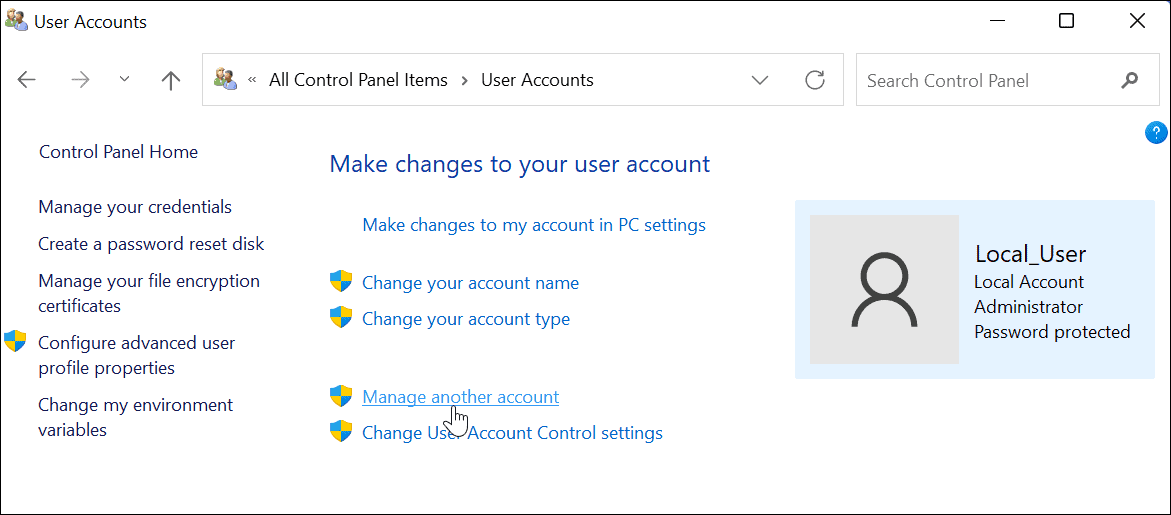 Manage another account control panel