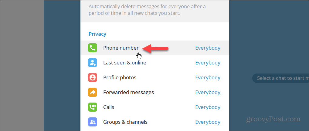 Phone number privacy setting in Telegram desktop app