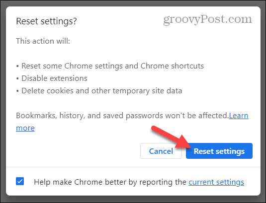 verify reset google chrome settings