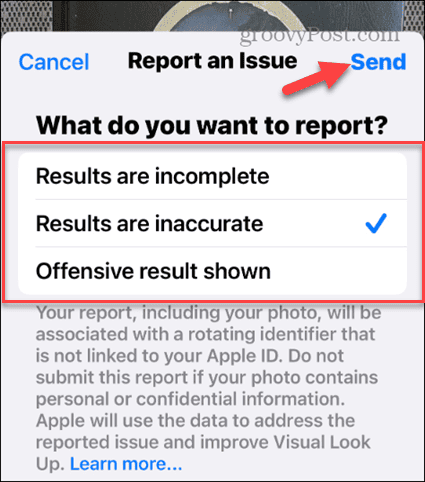 choose reason to report option