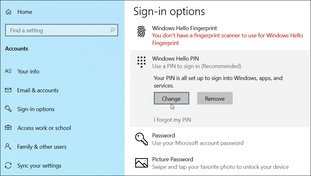 change add PIN Windows 10