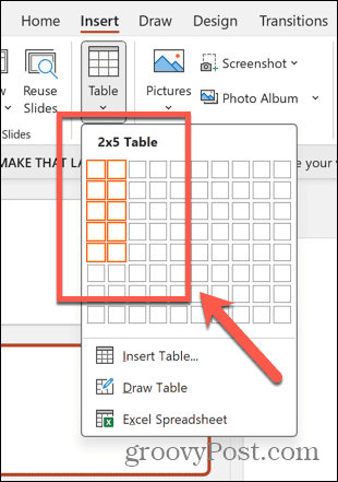 powerpoint select table size