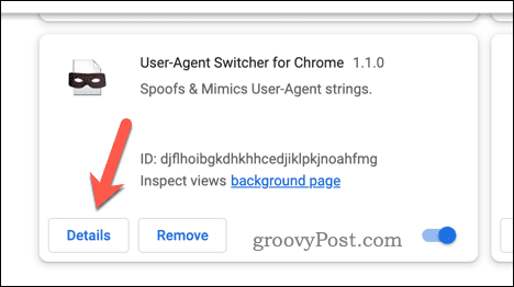 Chrome extension details button