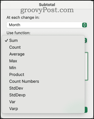 Different Functions Available in Subtotal Dialog in Excel