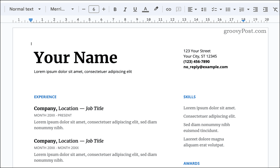 Example of a Google Docs template