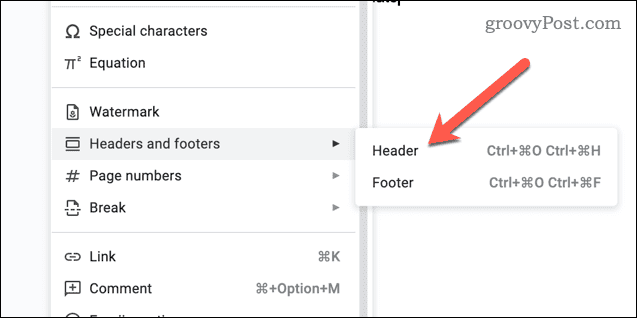 Inserting a header or footer in Google Docs