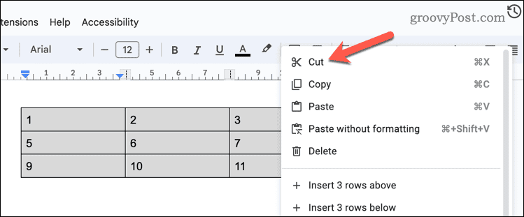 Cutting a table in Google Docs