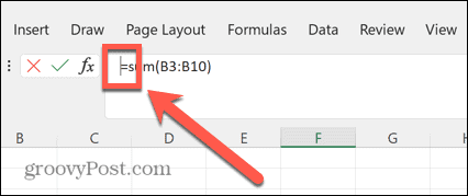 excel formula bar cursor left of equals