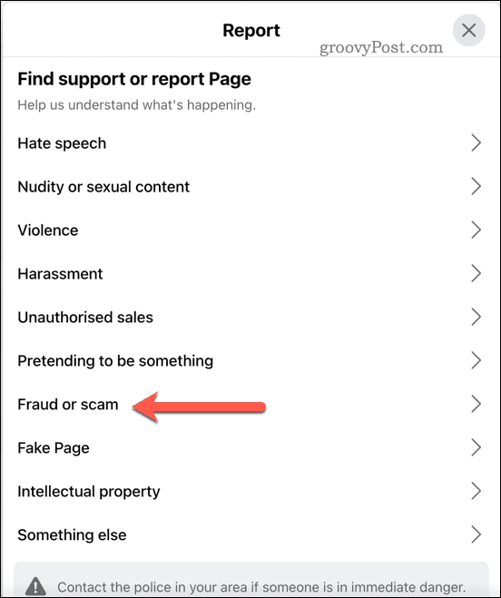 Report options on Facebook