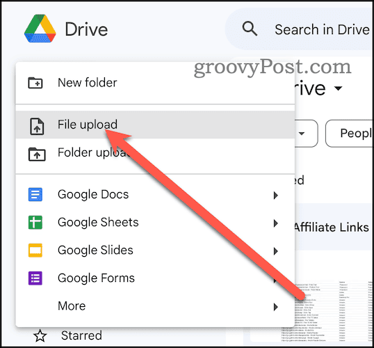 File Upload option in Google Drive