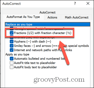 powerpoint autocorrect fractions