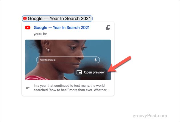 Open the preview box for YouTube in Google Docs