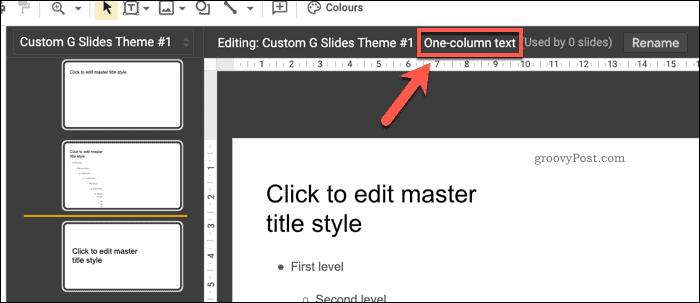 The name of a slide layout in the Google Slides master view