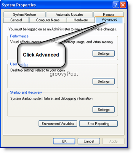 System Properties Advanced Settings Windows XP