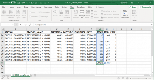 Using MAX function in Excel