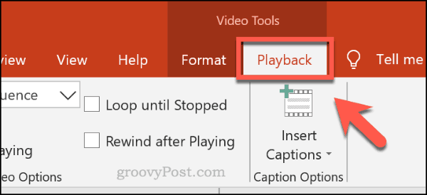 The playback menu tab for videos in PowerPoint