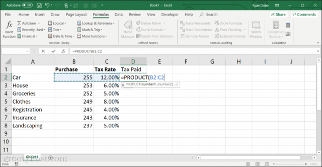 using the product function in excel