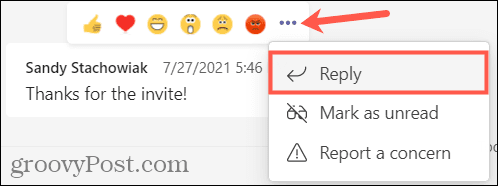 Click Reply in a chat in Microsoft Teams