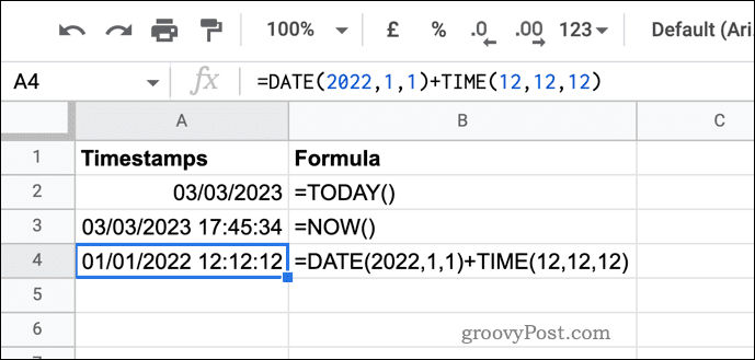 Example timestamps in Google Sheets