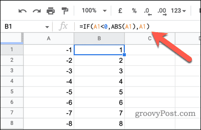 Using an IF statement to change negative numbers into positives in Google Sheets
