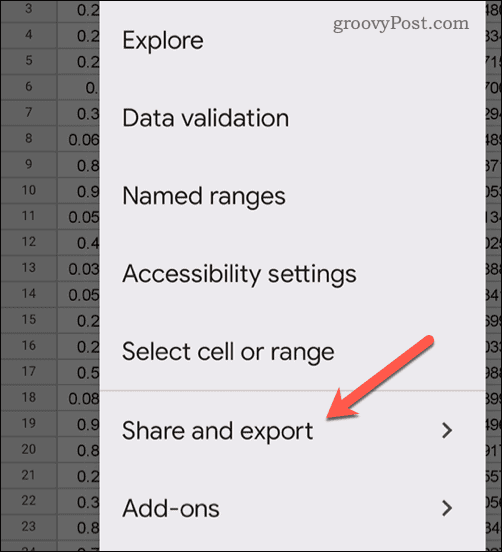 Open the share and export menu in Google Sheets on mobile