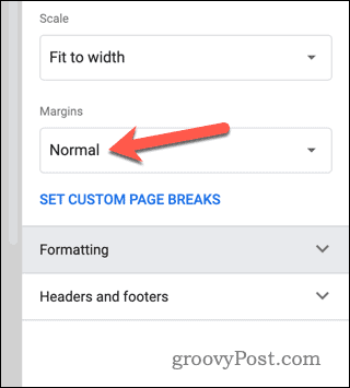 Set margin settings in Google Sheets print preview
