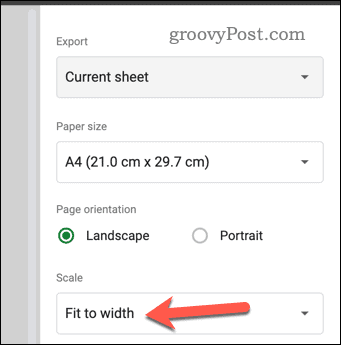 Set scale settings in Google Sheets print preview