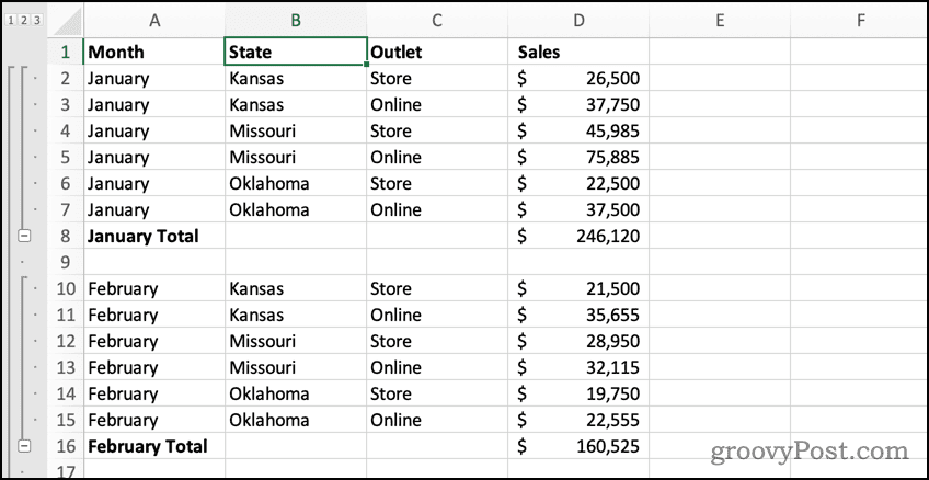 Spreadsheet Outlined with Subtotals