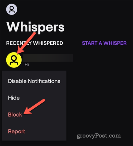 Block a user on Twitch mobile
