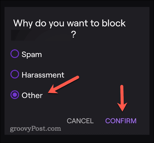Confirm blocking a Twitch user on mobile
