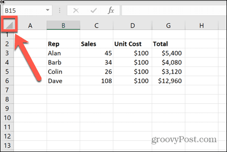 excel select all cells