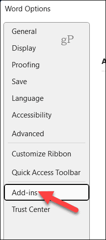 Add-ins options tab in Word options