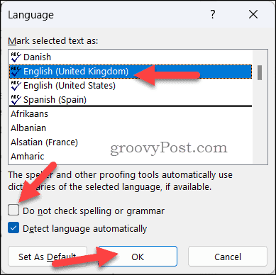 Set proofing language in Word