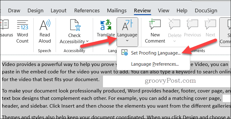 Set proofing language button in Word
